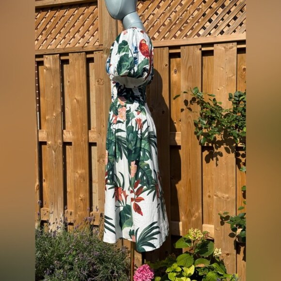 🆕 FARM Rio 🧿 NWOT Midnight Macaw Fiesta Linen Puff-Sleeve Midi Dress, Sz XXS - Picture 5 of 16